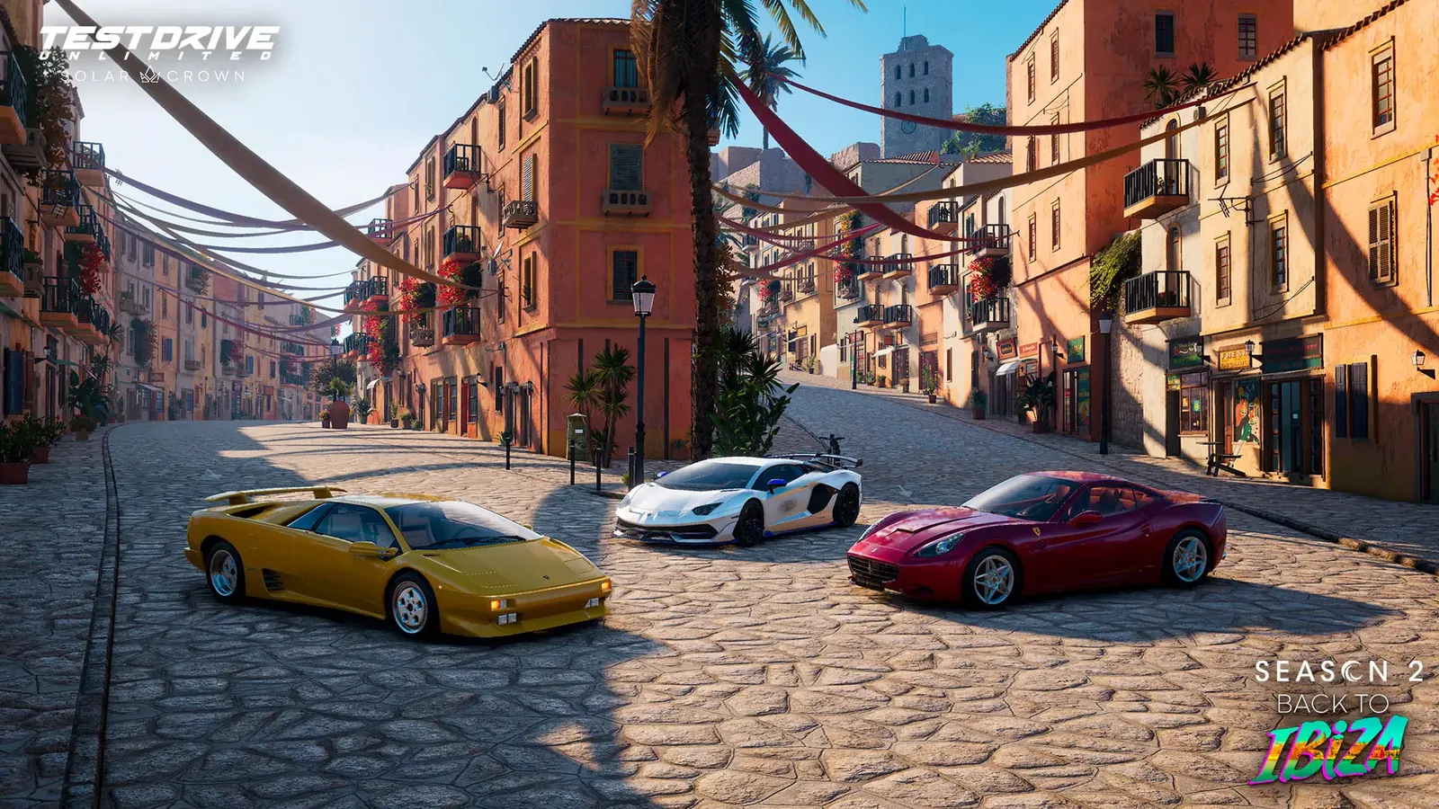 Cars racing through a sunlit street in Test Drive Unlimited Solar Crown